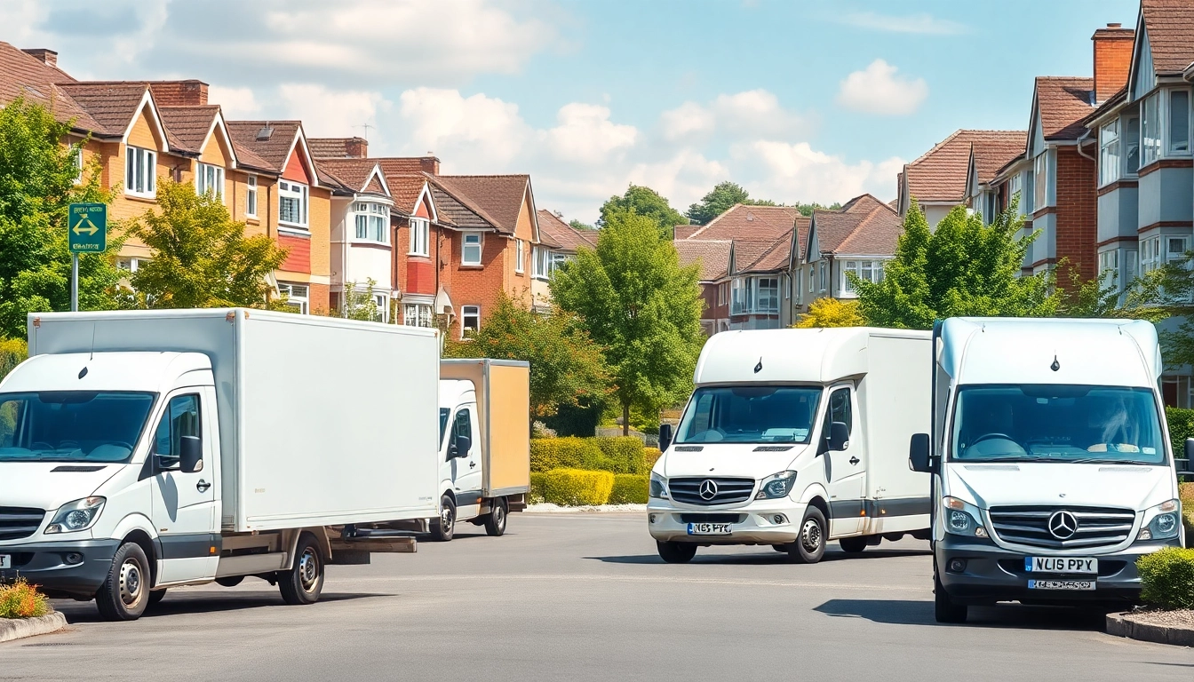 Efficient removals in Cheltenham with moving vans amidst a bright urban scene.