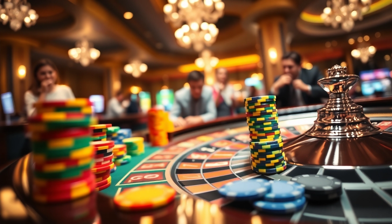 Menang di situs toto dengan chip kasino berwarna cerah dan suasana kasino yang menggairahkan.