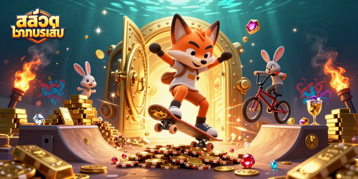 Experience exciting สล็อตทดลองเล่น with a fox performing tricks over golden poker chips amidst sparkling treasures.