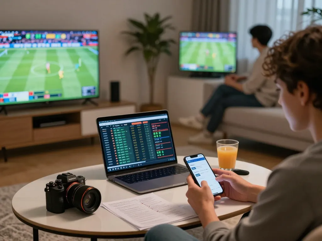 Engaged bettor analyzing Keonhacai sports odds using mobile app in cozy home setting