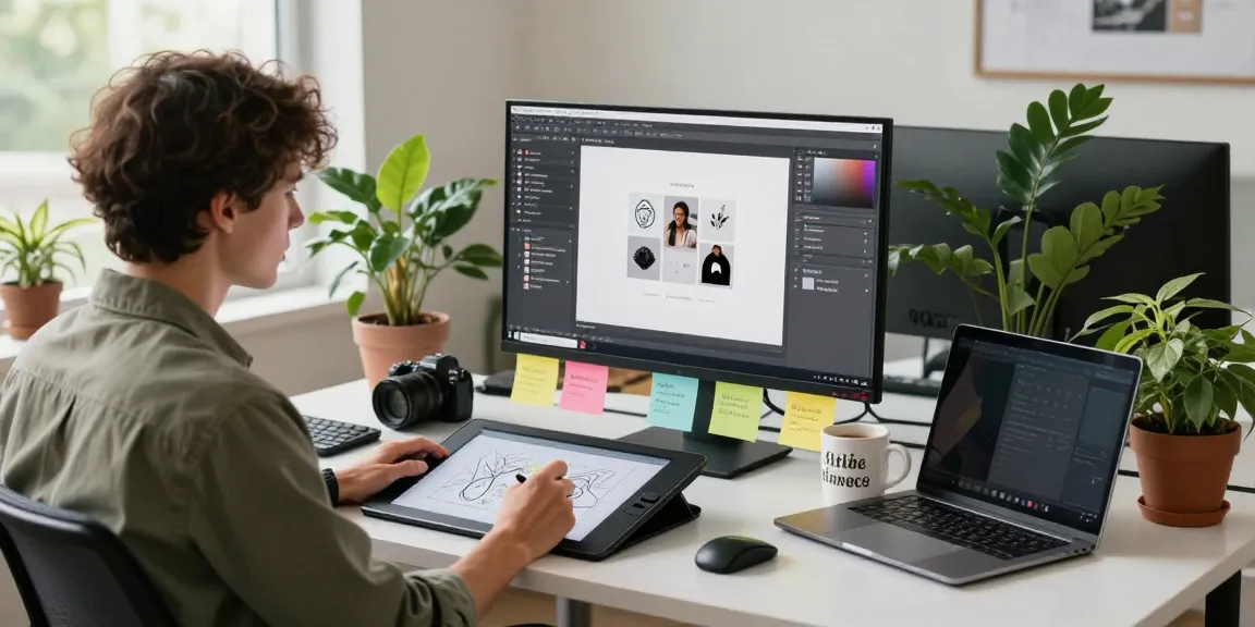 Designer using an AI prompt image generator in a modern workspace with natural light and creative elements.