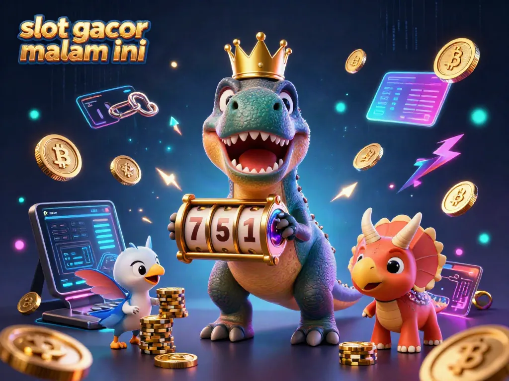 Merayakan slot gacor malam ini, T-Rex bermain dengan slot reels di tengah tumpukan chip emas.