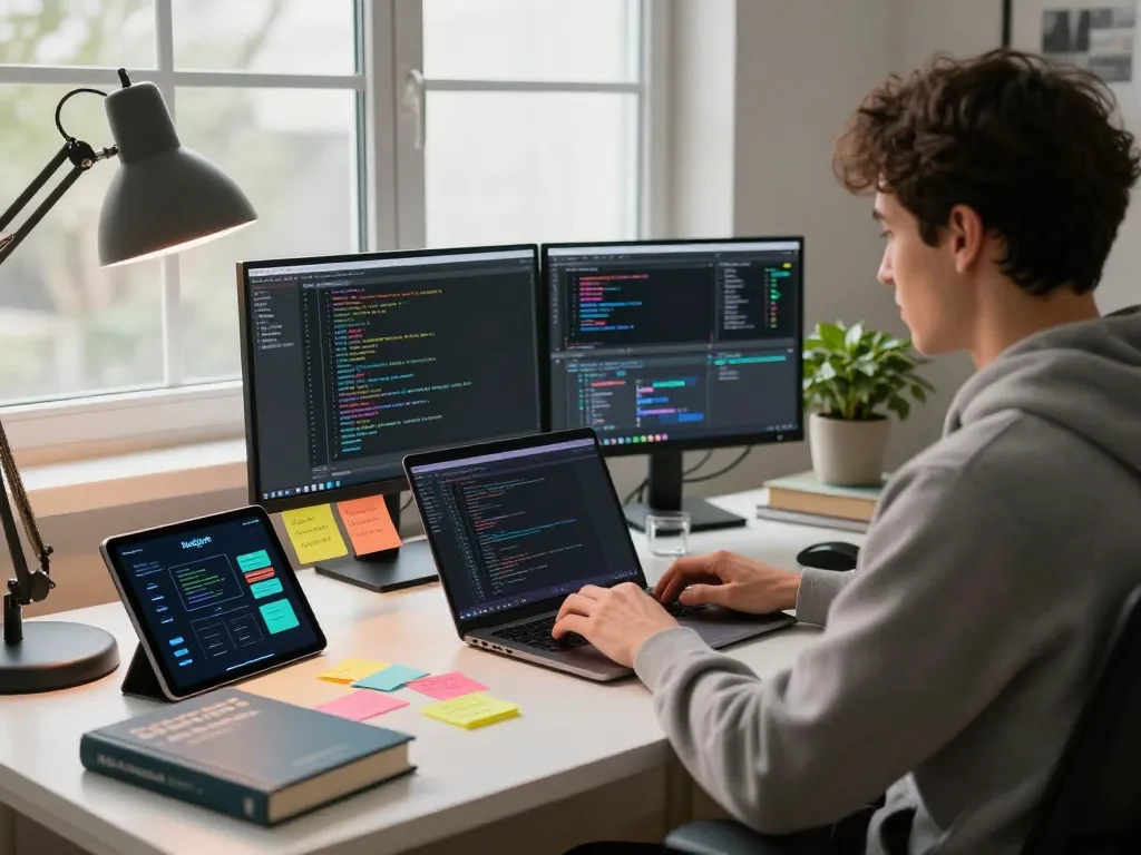 Developer using clawdbot at a modern workspace with code on dual monitors and innovative tools.