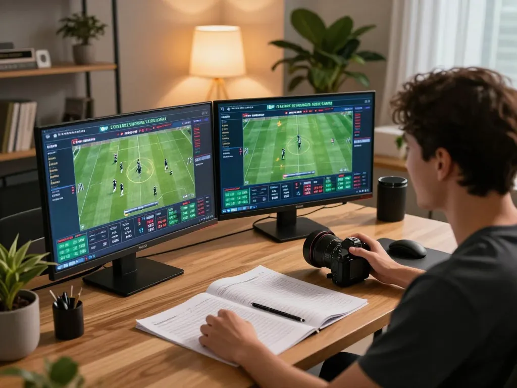 Cà khịa tv user analyzing sports stats to make informed betting decisions in modern home office.