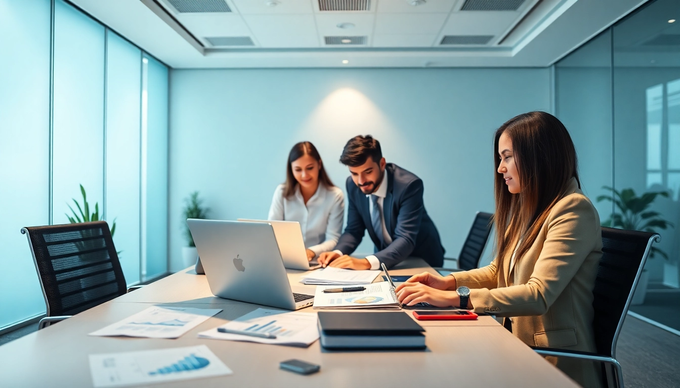 VAT Return Filing teamwork in a professional Dubai office setting with accountants discussing documents.