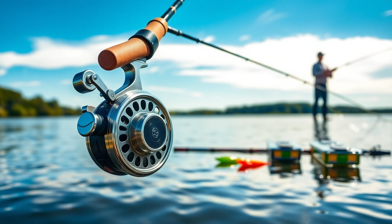 Fly fishing combo showcased at a lakeside, emphasizing quality gear and nature's tranquility.