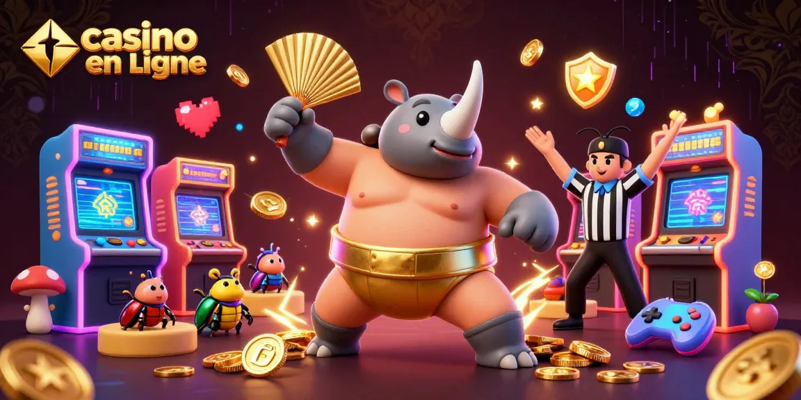 Visualisez le casino en ligne avec un champion sumo et une ambiance immersive remplie de pièces d'or.