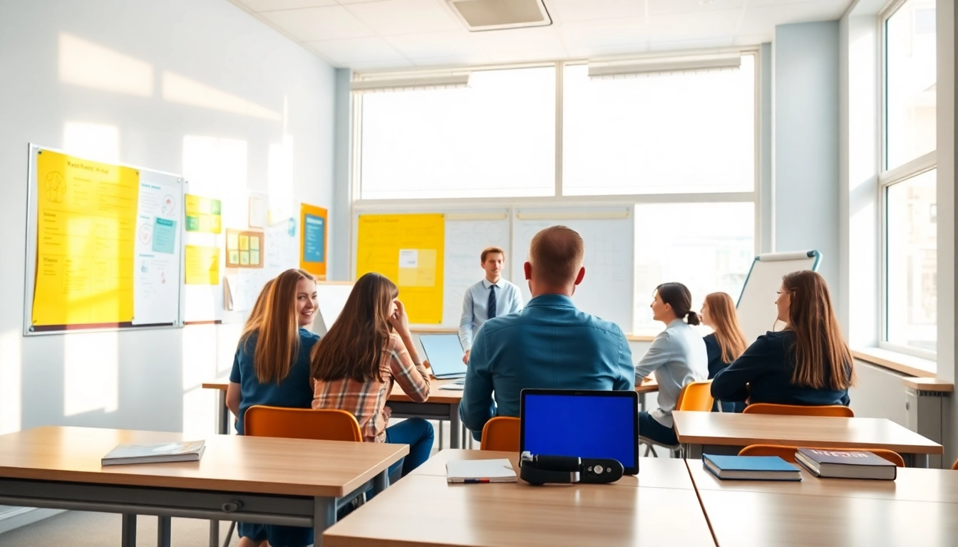 Engaged students in a bright classroom discuss topics related to Education, emphasizing collaboration and learning.