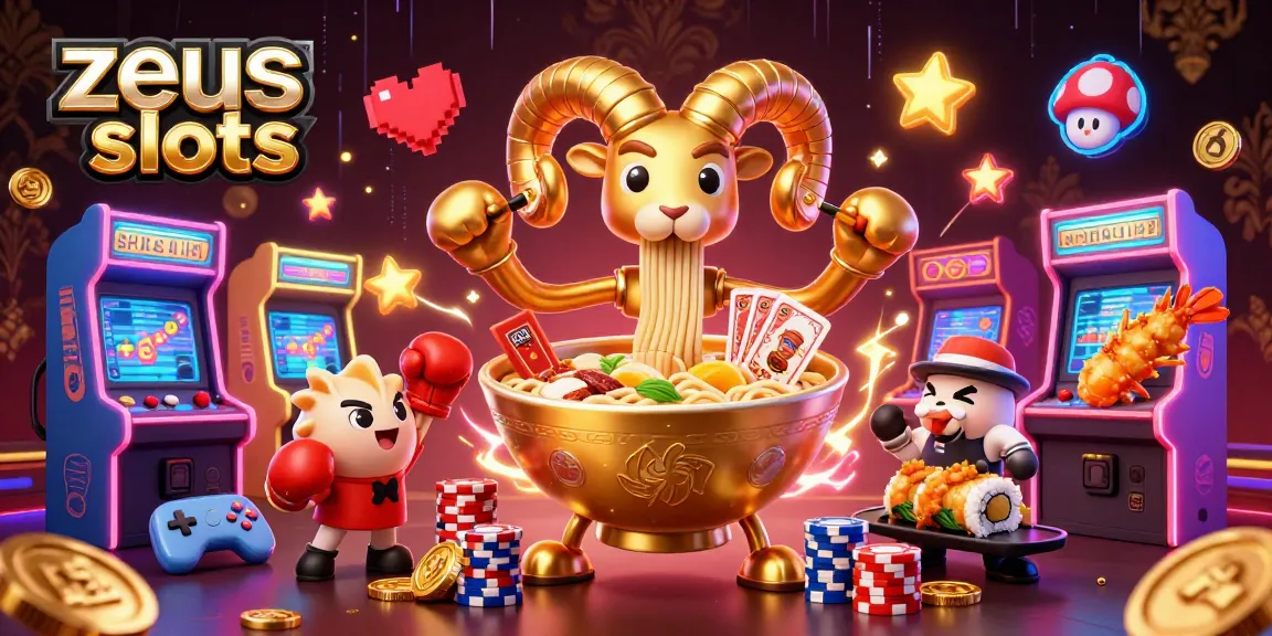 Engage with zeus slots in a vibrant casino animation featuring a giant ramen bowl and sushi dealers.