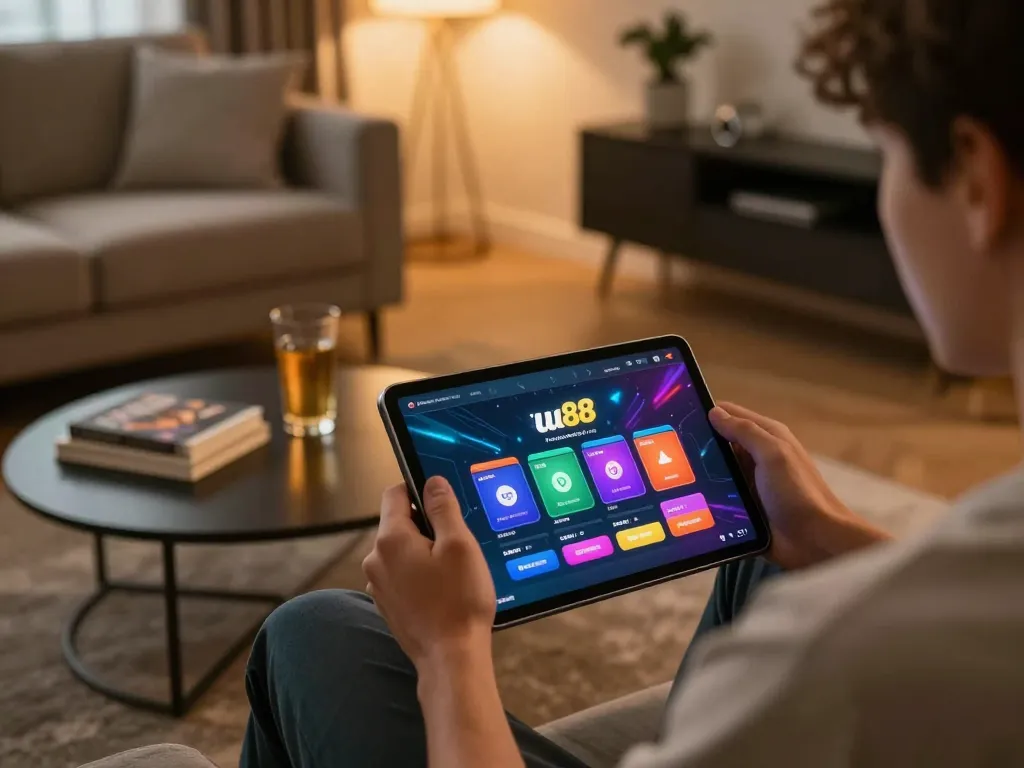 Enjoying an exciting uu88 bet game session on a modern tablet in a cozy living room setting.