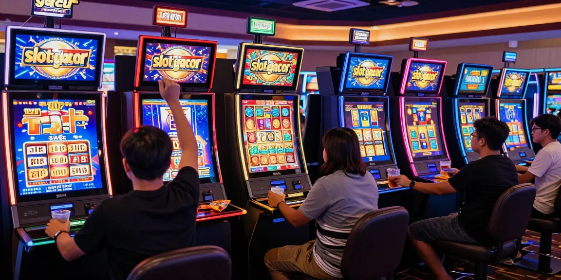 Excited players enjoying slot gacor machines in a lively casino setting.