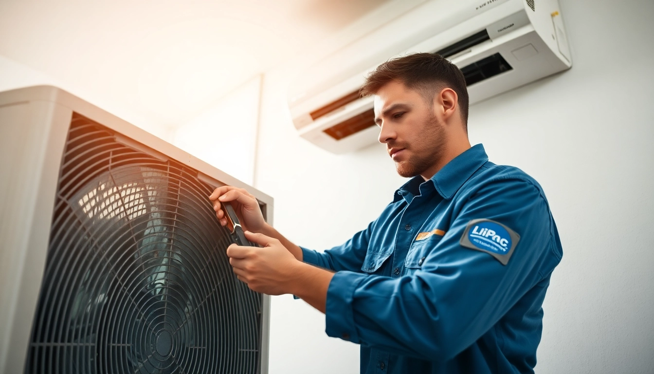 Improve your HVAC efficiency with services from https://nobleheatingairservices.com, featuring a technician inspecting an air conditioning unit.