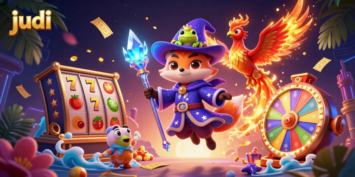 Engage in judi with a mystical wizard fox, phoenix, and magical slot elements in a vibrant casino scene.