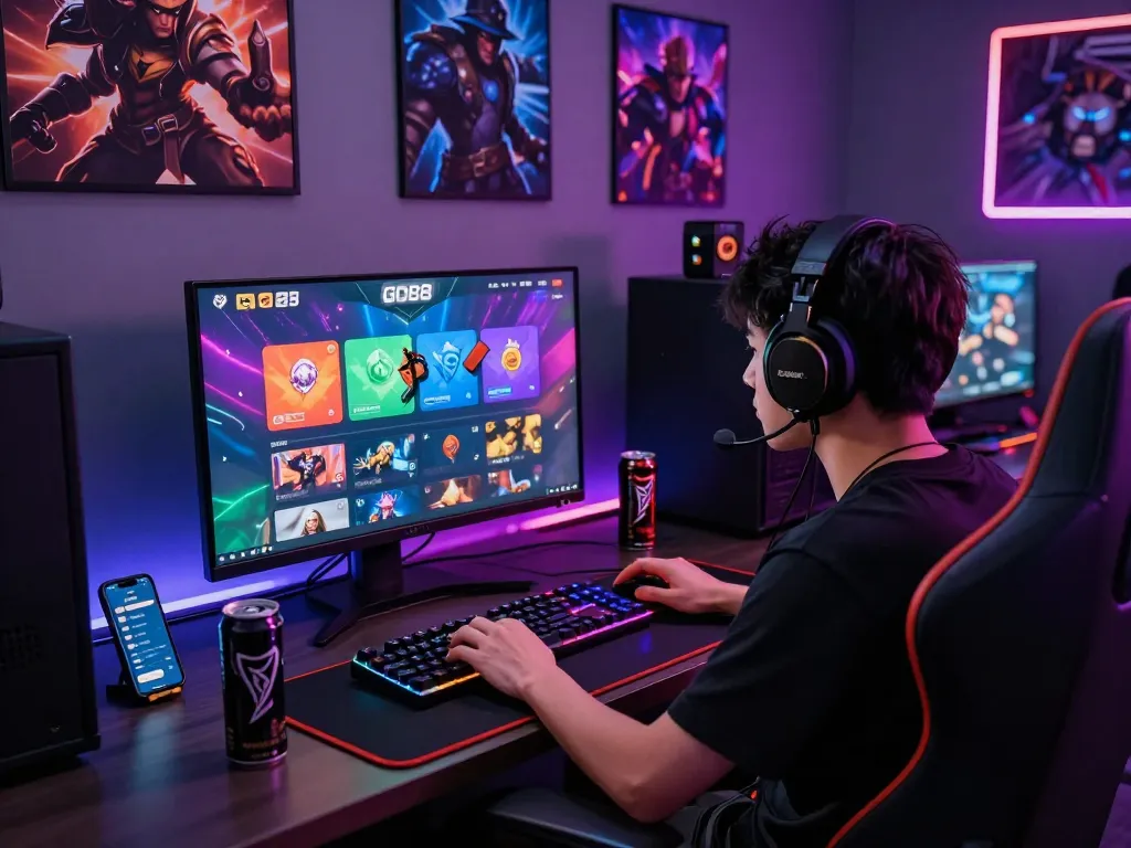 Player immersed in go88 online gaming experience at a modern desk with vibrant graphics and gaming gear.