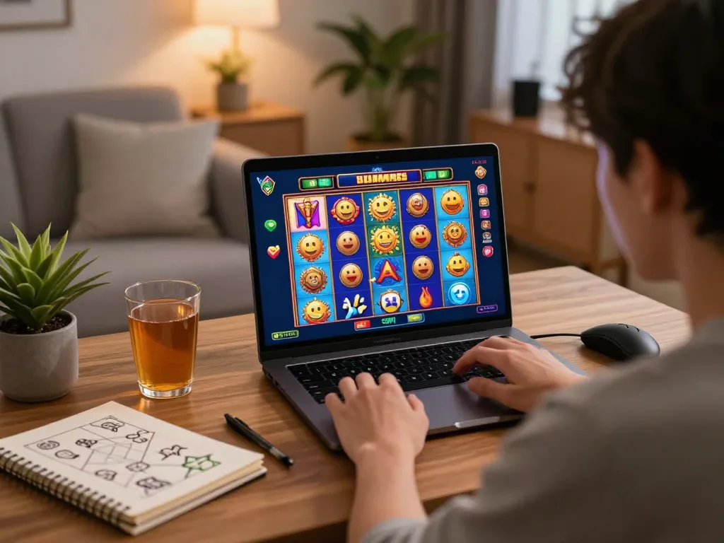 Player engaging in online gaming session on a slot server thailand gacor, pressing the spin button excitedly in a cozy home environment.
