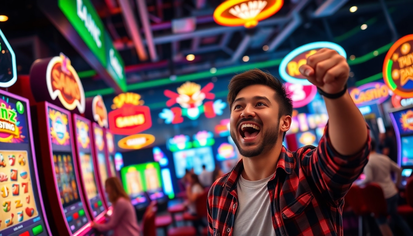 Celebrate a win at Vegas hero casino with colorful slot machines and vibrant atmosphere.