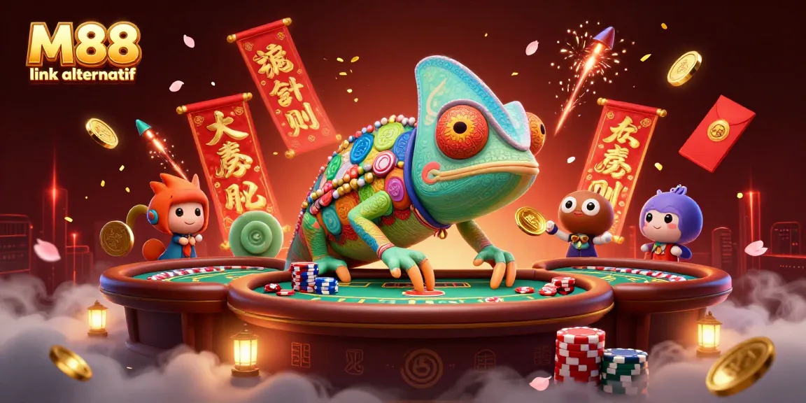 Engage with the M88 link alternatif dynamic scene featuring a colorful 3D chameleon amidst poker elements.