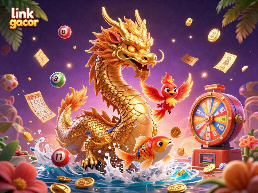 Experience link gacor strategies with vibrant casino elements featuring dragons, phoenixes, and coins.