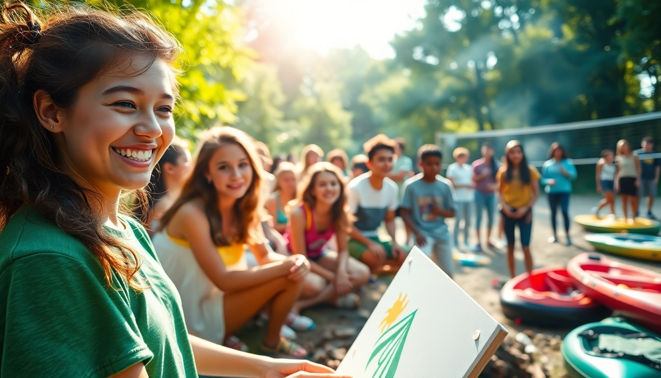Enjoying activities at a teen summer camp with friends under a sunny sky.