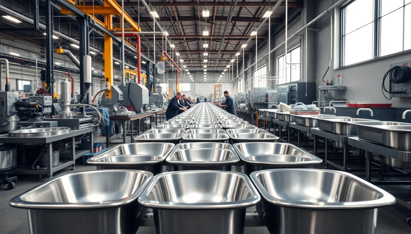 Workers assembling products at a stainless steel basin factory, highlighting industrial efficiency and craftsmanship.
