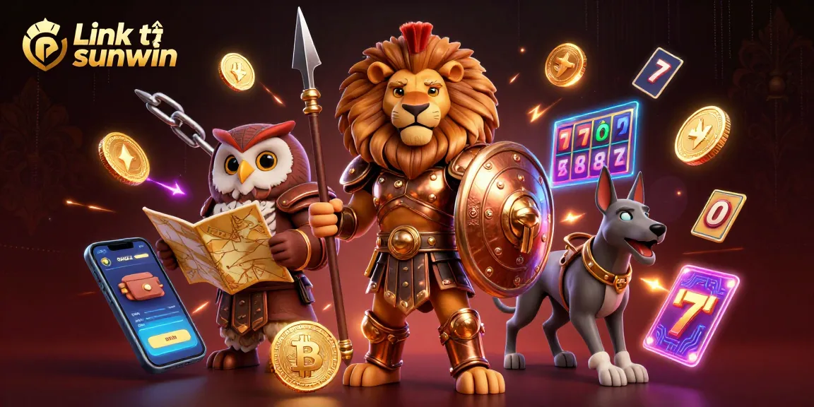 Engaging illustration showcasing Link tải sunwin with a Spartan lion and crypto elements in a vibrant casino theme.