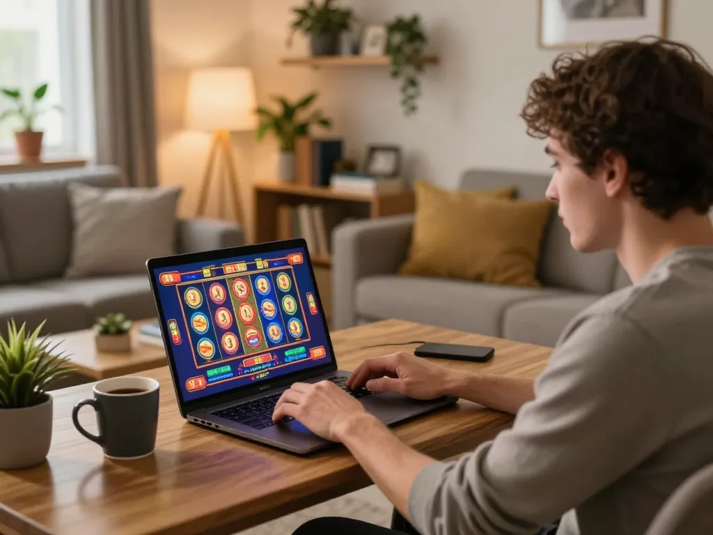 Sungaitoto player enjoying engaging online slots gaming from home, showcasing vibrant graphics and cozy ambiance.