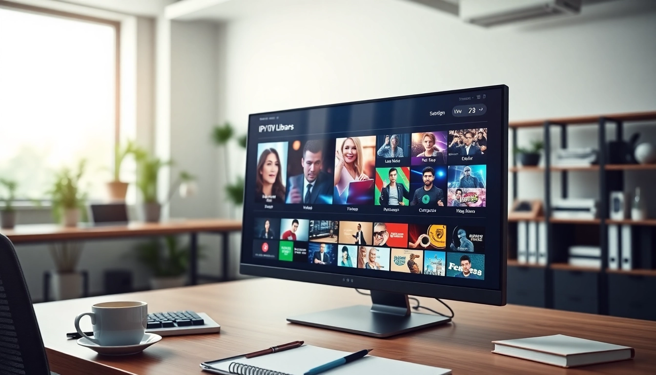 Visualize an IPTV panel interface managing live streams and VOD content on a modern workspace.