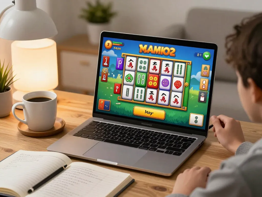 Playing Mahjong Ways 2 on a laptop showcasing vibrant reels and strategic notes in a cozy home.