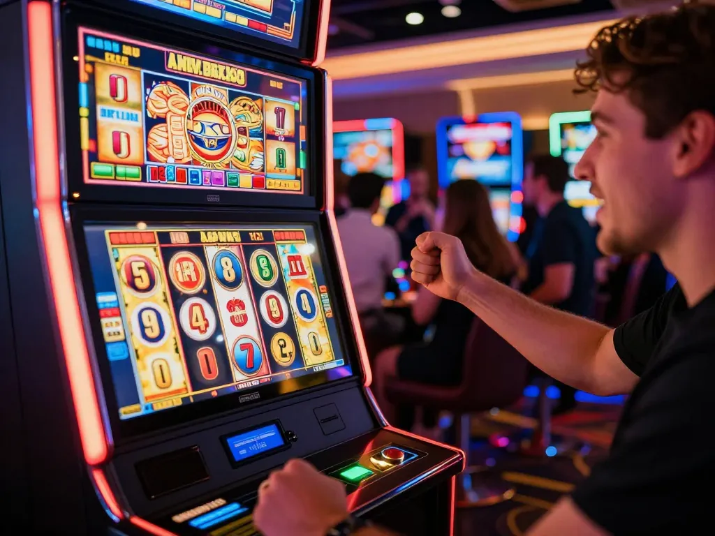 Player celebrates a win at the slot deposit 2rb machine in a vibrant casino, showcasing excitement and bright lights.