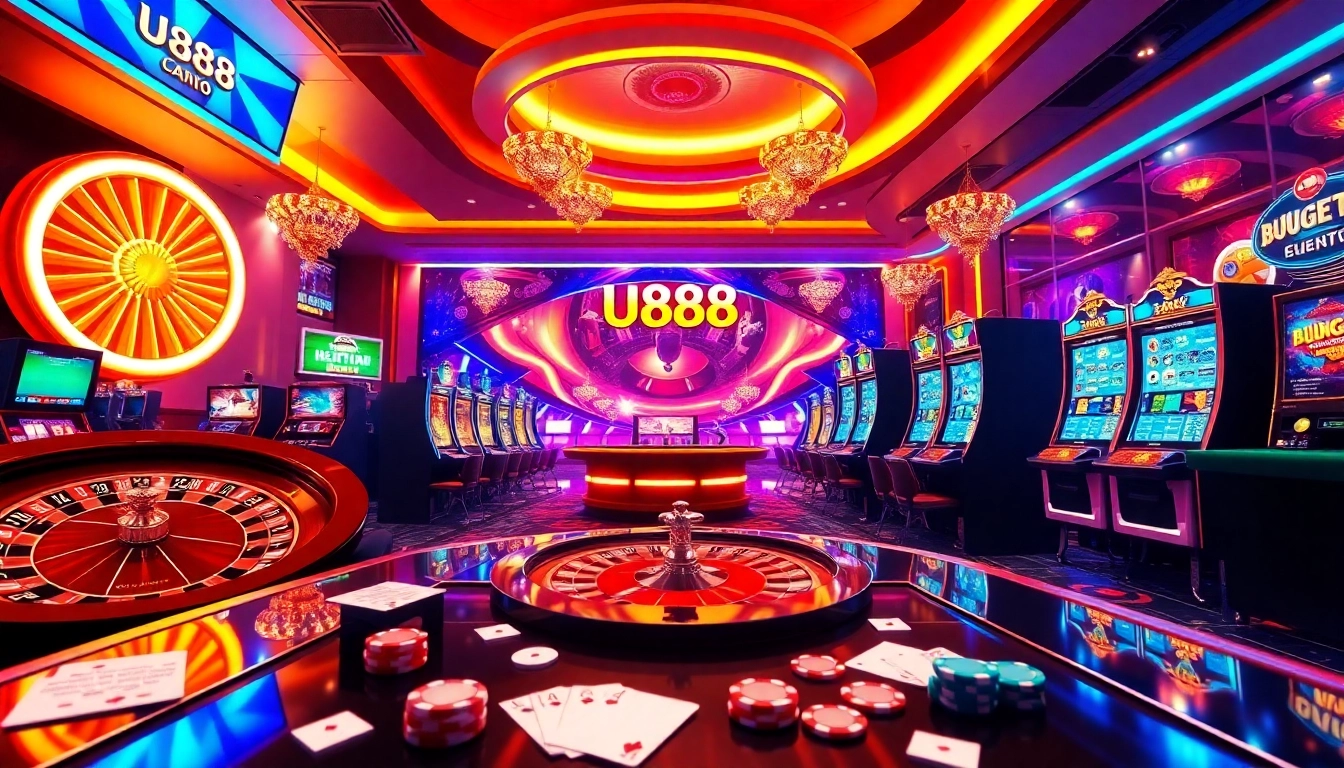 Experience the thrilling world of online gaming at http://u888.br.com/ with vibrant casino elements including roulette wheels and slot machines.