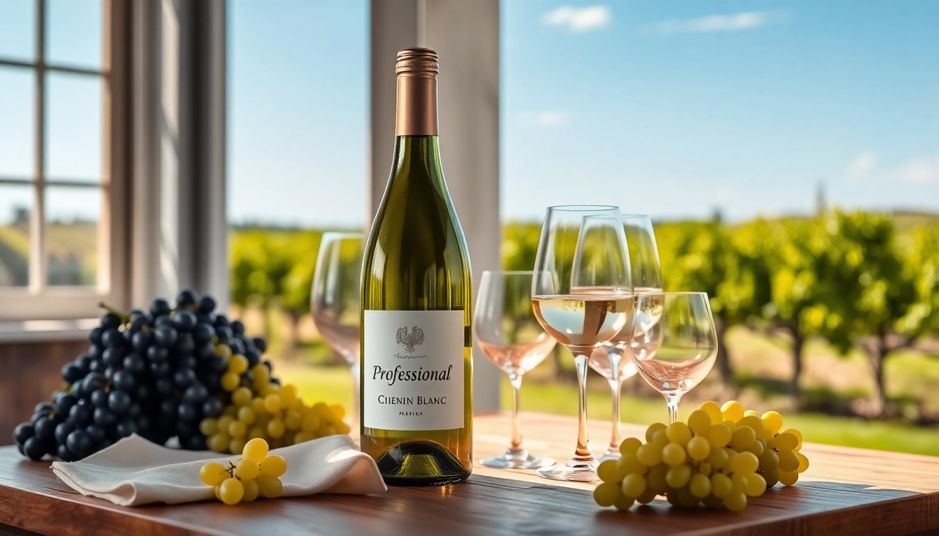Pouring Chenin Blanc wine from a beautifully labeled bottle into a glass surrounded by grapes.