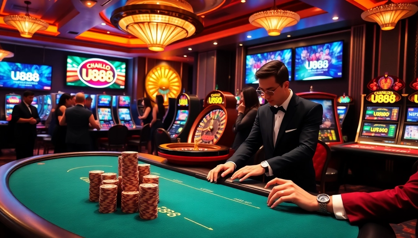 U888 players enjoying a thrilling moment at a high-stakes poker table in a vibrant casino setting.