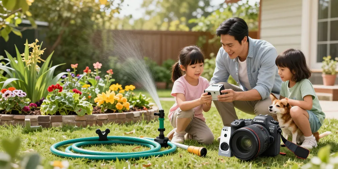Family setting up rainpoint Irrigation Controllers in a vibrant garden, illustrating modern gardening practices.