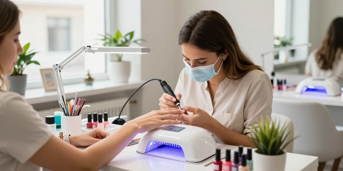 Utilizarea unei lămpi UV LED unghii pentru un tratament profesional al unghiilor într-un mediu luminos de salon.