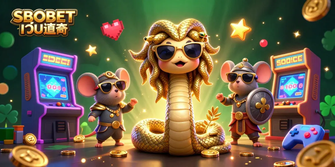 SBOBET เว็บตรง gaming illustration showcasing Medusa and a warrior mouse in a vibrant casino setting.