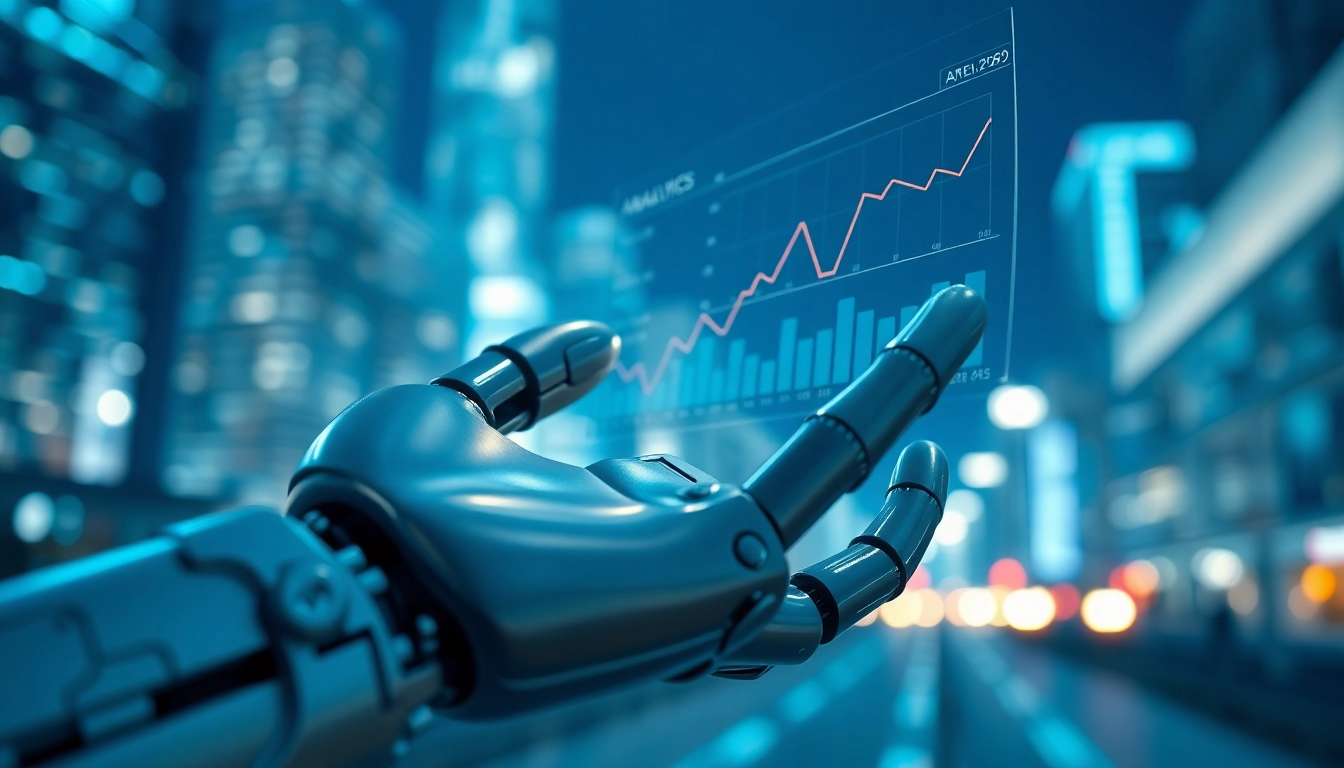 Engage with technology through a robotic hand interacting with digital data interfaces.