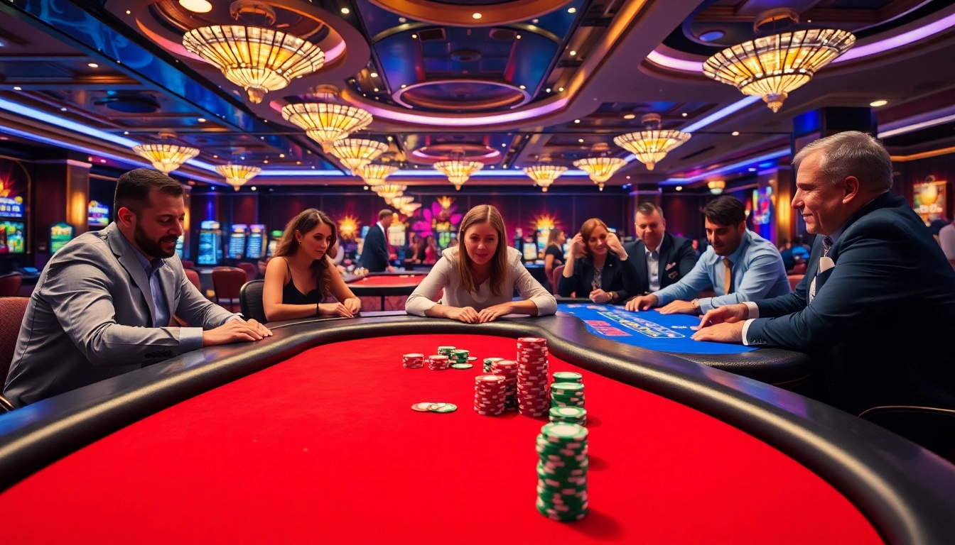 Permainan poker di kasino dengan iklan igamble247 yang menunjukkan suasana yang mendebarkan.