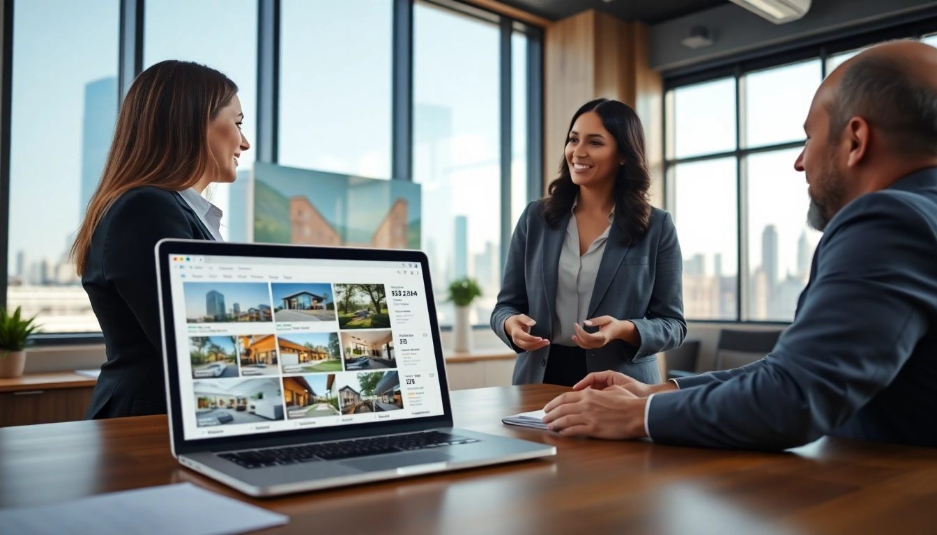 Showcase real estate agent guiding clients through property options in a bright office setting.