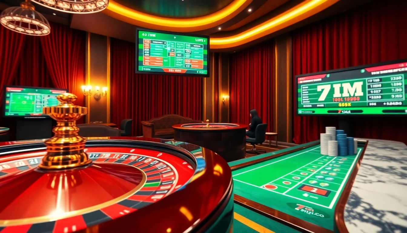 Immersive online gambling scene with live scores from 7m.cn, poker chips, and a roulette wheel.