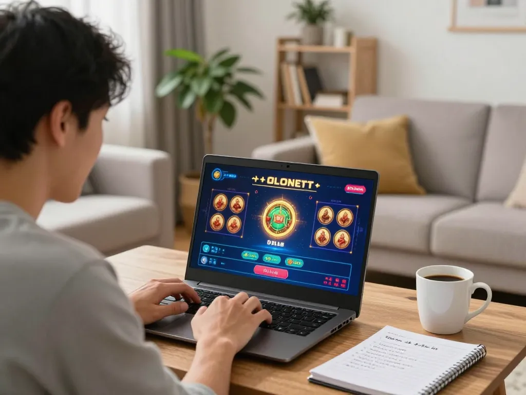 Player engaged in a slot bet session, enjoying online gaming on a laptop in a cozy home setting