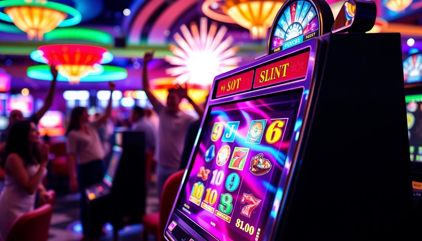 Menangkan jackpot pada slot mesin berwarna cerah di kasino yang ramai.