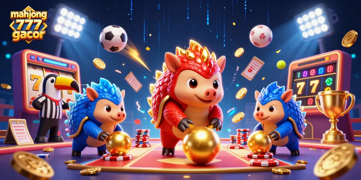 Engage in mahjong 777 gacor action with rival pangolins amidst dynamic casino elements and vibrant energy.