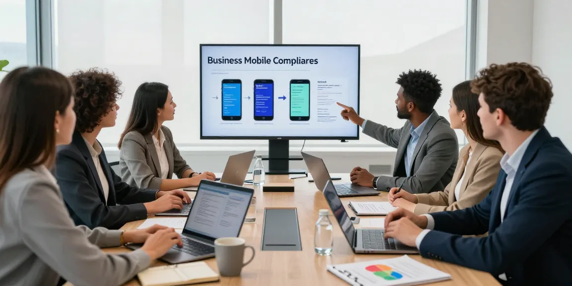 Team discussing business mobile comparison UK contracts in modern office environment