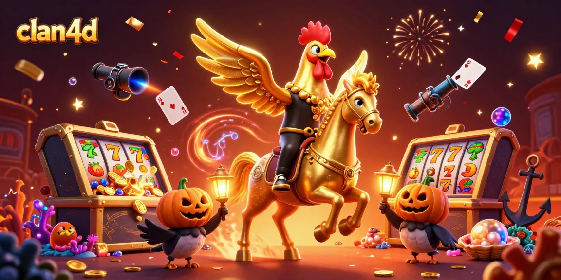 Join the excitement at clan4d with a golden rooster in a festive casino scene full of jackpot symbols.