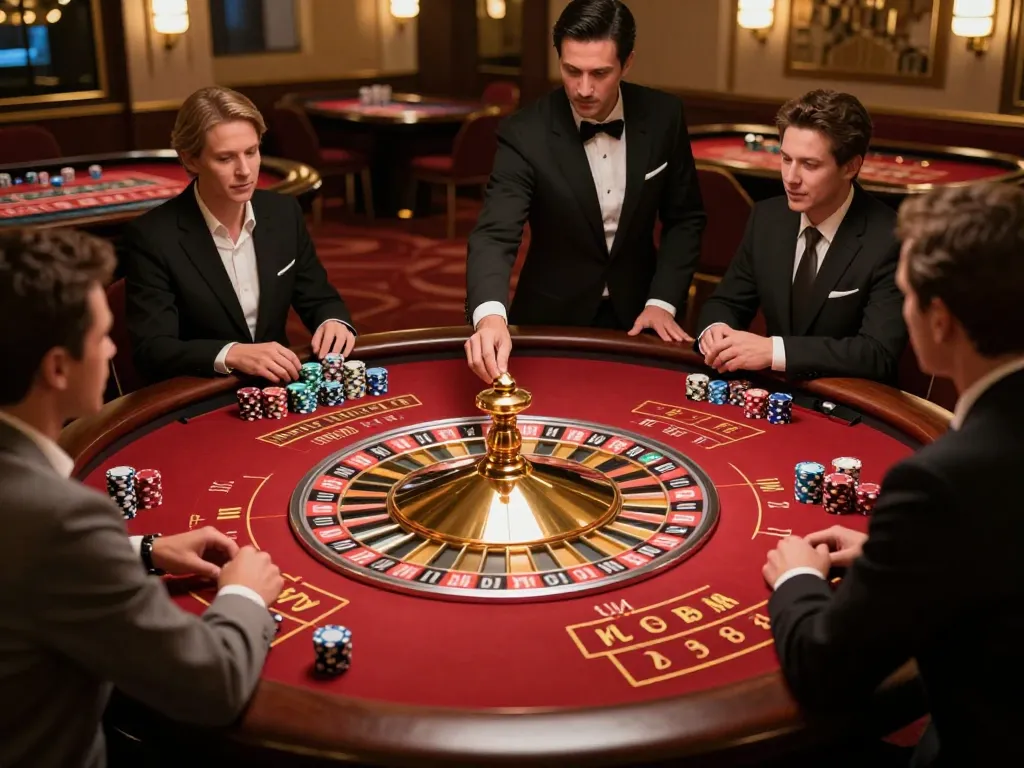 Watch players engage with top quality widgets at a roulette table in an upscale casino environment.