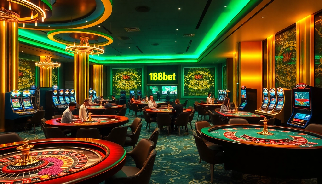 Players enjoying a lively session at 188bet's casino tables with vibrant casino decor.
