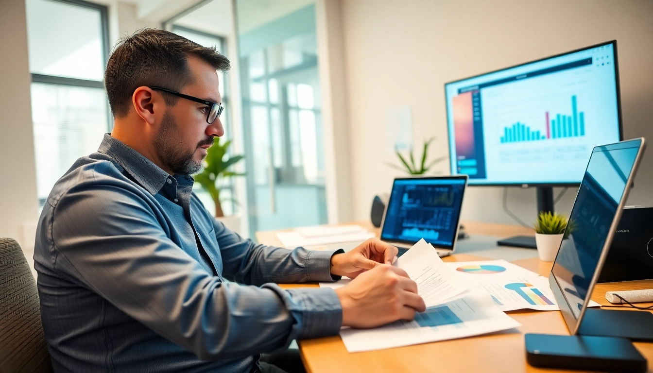 Expert SMSF auditor analyzing financial documents in a modern office.