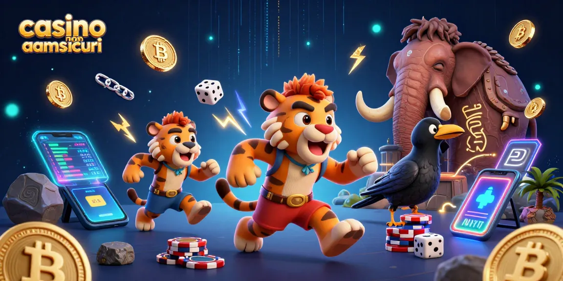 Scopri il mondo dei casino non AAMS sicuri con un'illustrazione animata ricca di elementi innovativi e tecnologici.