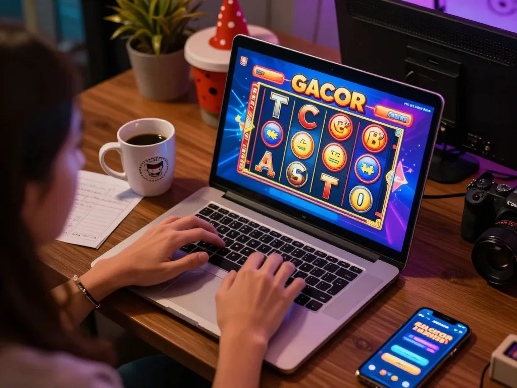 Player engaging with slot gacor games on laptop at home gaming setup, showcasing dynamic gameplay and responsible gambling.