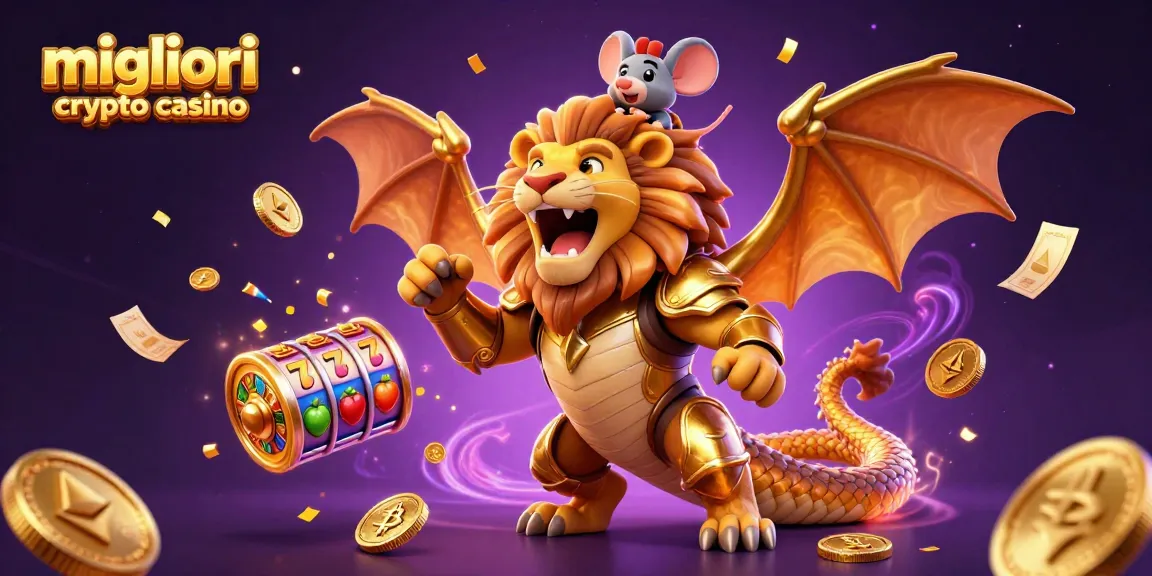 Migliori crypto casino con un'imponente chimera dorata e un coraggioso fantino mouse che cavalca.